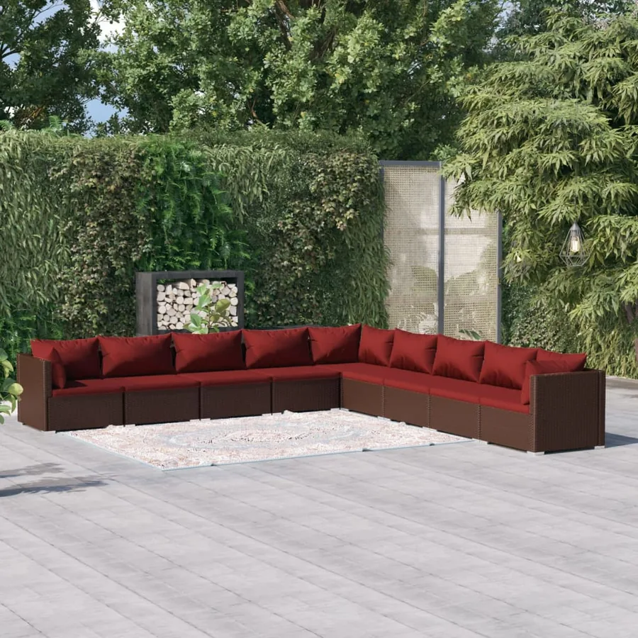 Salon de jardin 9 pcs avec coussins résine tressée marron