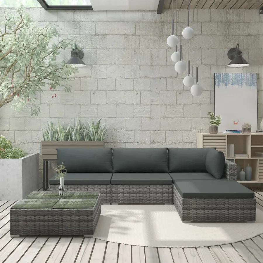 Salon de jardin 5 pcs avec coussins résine tressée gris