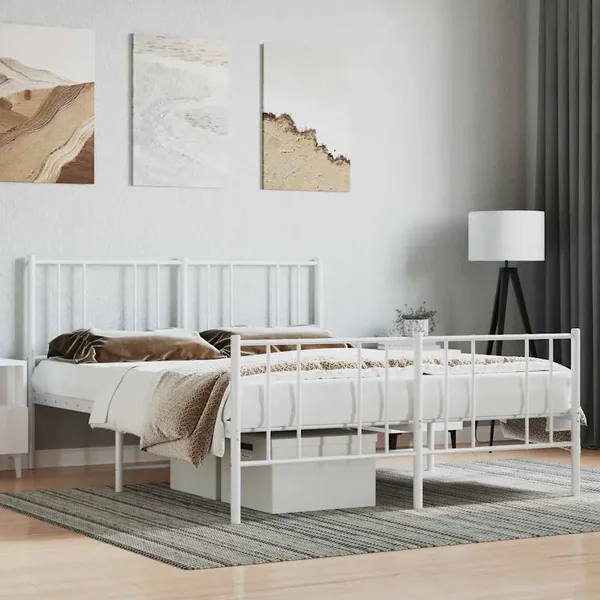 Cadre de lit métal sans matelas et pied de lit blanc 140x200 cm