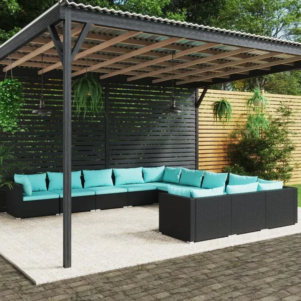 Salon de jardin 11 pcs avec coussins Résine tressée Noir