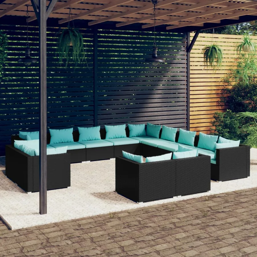 Salon de jardin 13 pcs avec coussins Noir Résine tressée