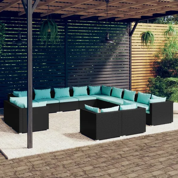 Salon de jardin 13 pcs avec coussins Noir Résine tressée