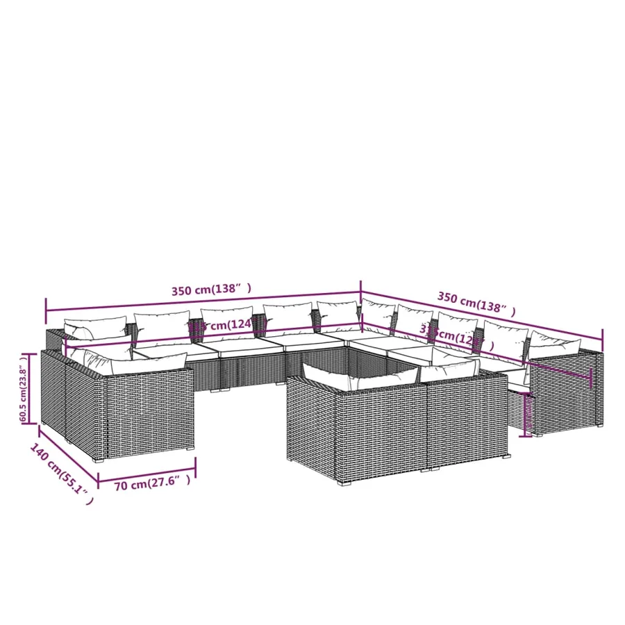 Salon de jardin 13 pcs avec coussins Noir Résine tressée - 7