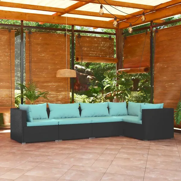 Salon de jardin 5 pcs avec coussins Résine tressée Noir