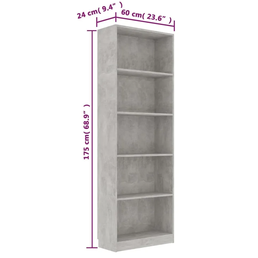 Bibliothèque à 5 niveaux Gris béton 60x24x175cm Bois ingénierie - 6