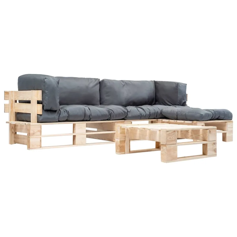 Salon de jardin palette 4 pcs avec coussins gris bois
