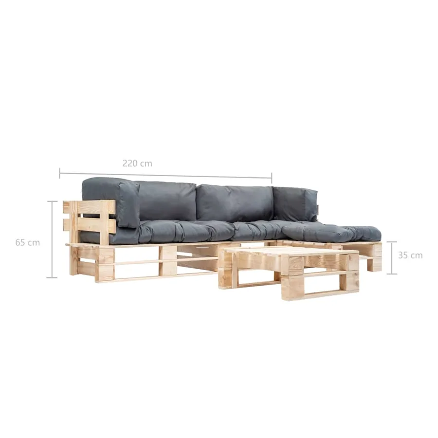 Salon de jardin palette 4 pcs avec coussins gris bois - 5