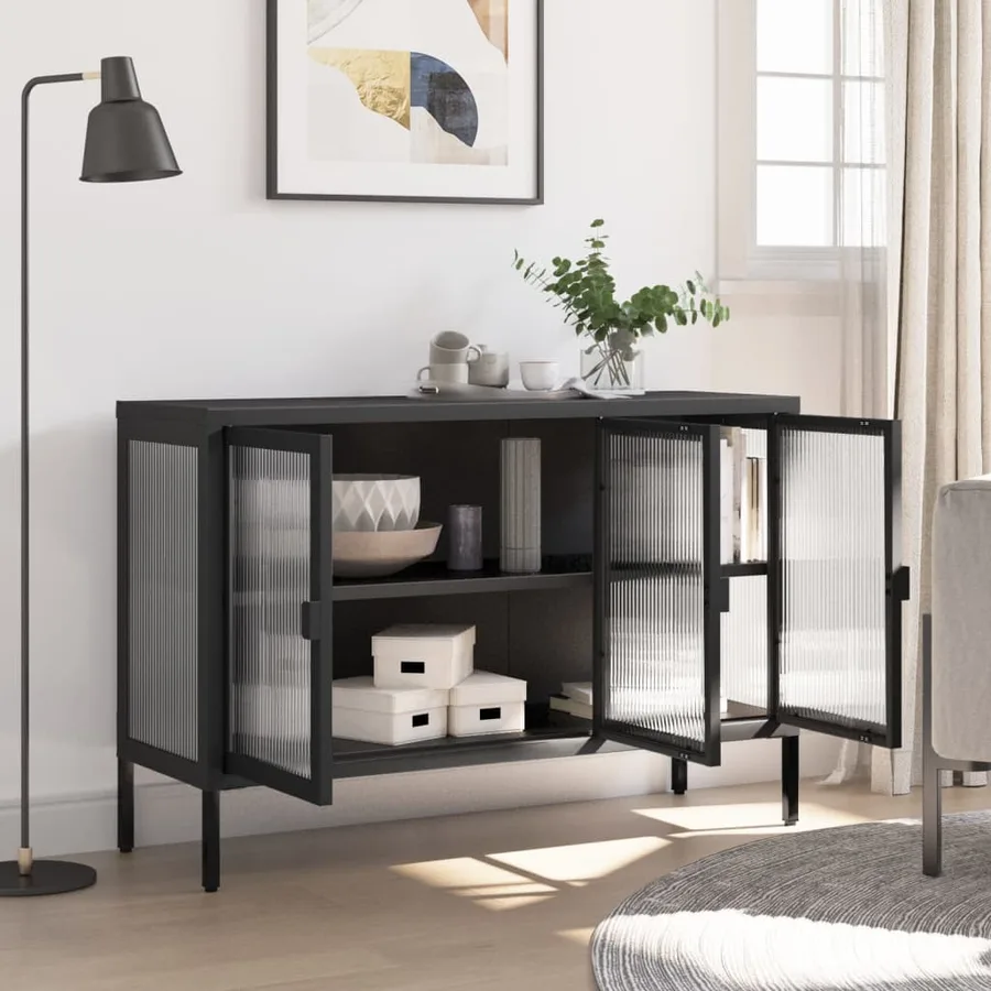 Buffet noir 105x35x70 cm verre et acier - 3