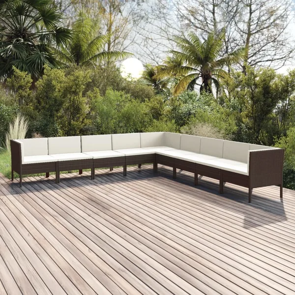 Salon de jardin 9 pcs avec coussins résine tressée marron