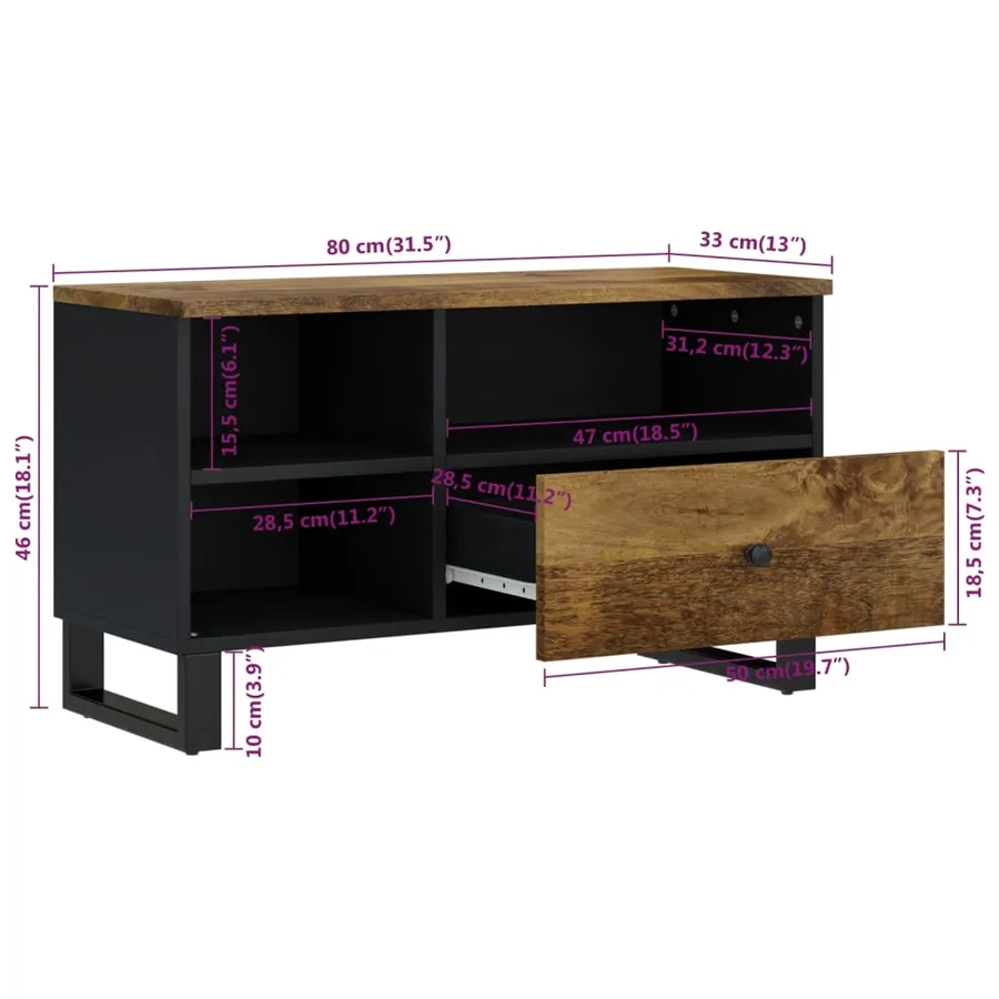 Meuble TV 80x33x46 cm bois de manguier et d'ingénierie - 8