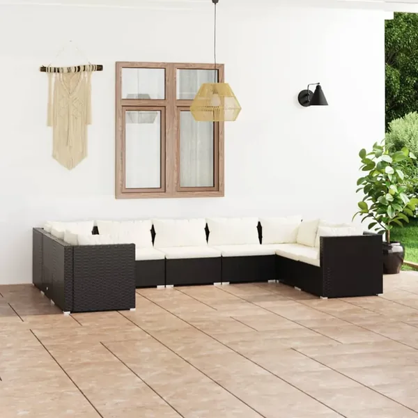 Salon de jardin 9 pcs avec coussins Résine tressée Noir