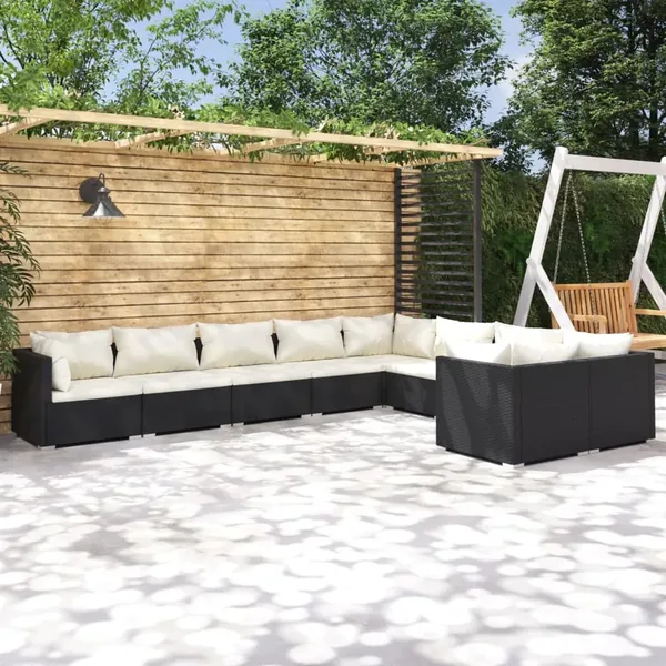 Salon de jardin 9 pcs avec coussins Résine tressée Noir