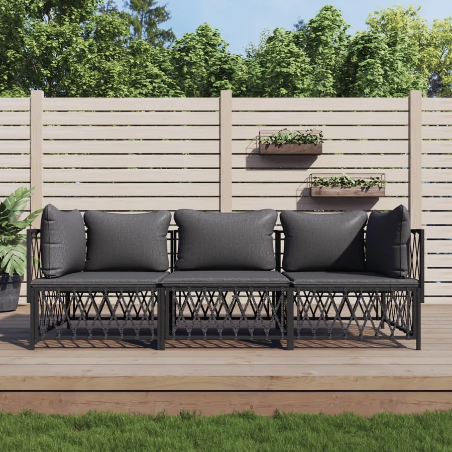 Salon de jardin avec coussins 3 pcs anthracite acier