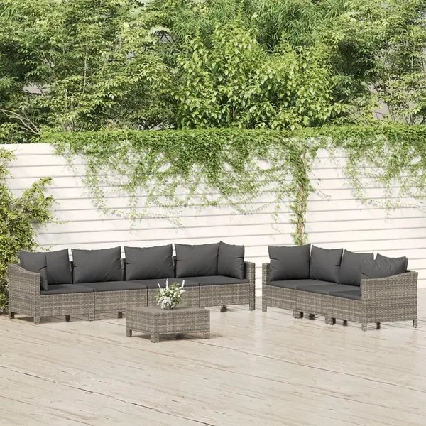 Salon de jardin 8 pcs avec coussins Gris Résine tressée