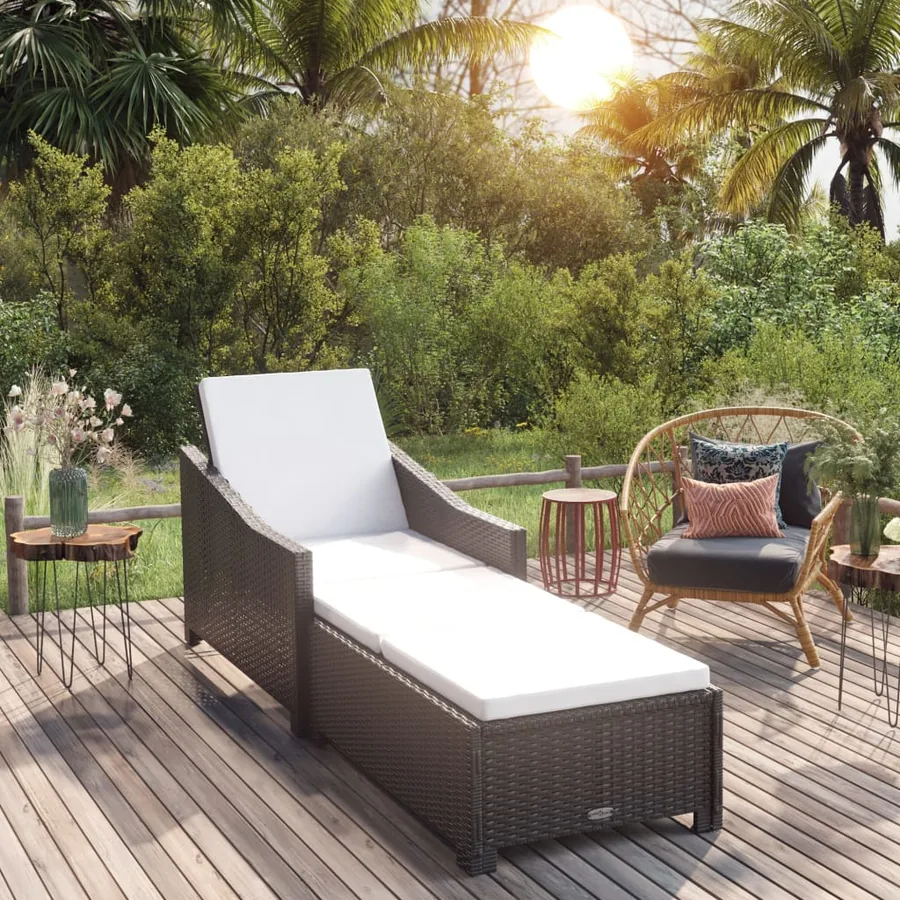 Chaise longue avec coussin blanc crème Résine tressée Noir