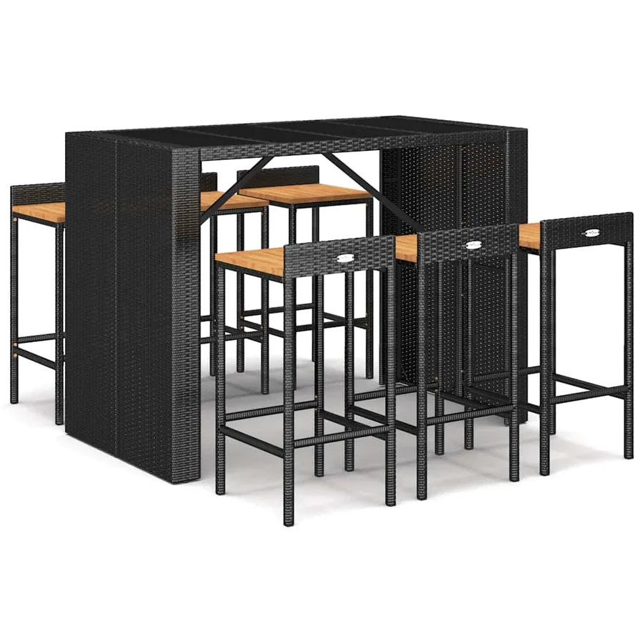 Ensemble de bar jardin 7 pcs noir poly rotin/bois massif acacia - 2