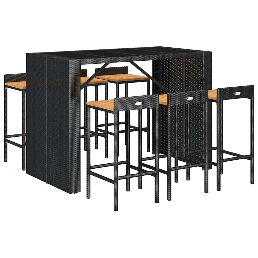 Ensemble de bar jardin 7 pcs noir poly rotin/bois massif acacia - 3