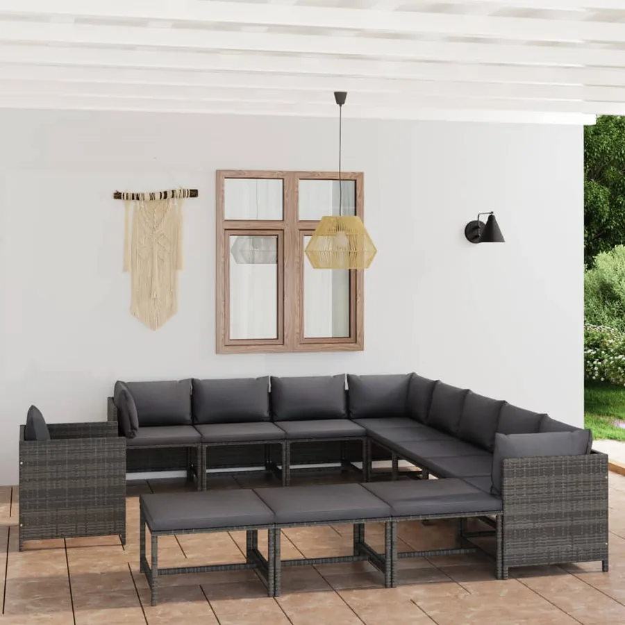 Salon de jardin 12 pcs avec coussins Résine tressée Gris