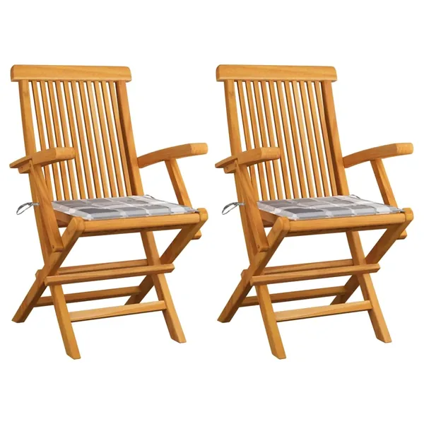 Chaises de jardin lot de 2 avec coussins à carreaux gris Teck