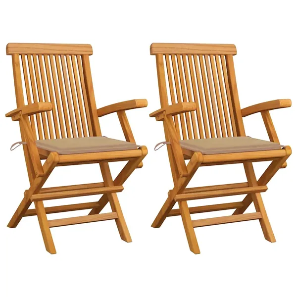 Chaises de jardin et coussins beige lot de 2 Bois teck massif