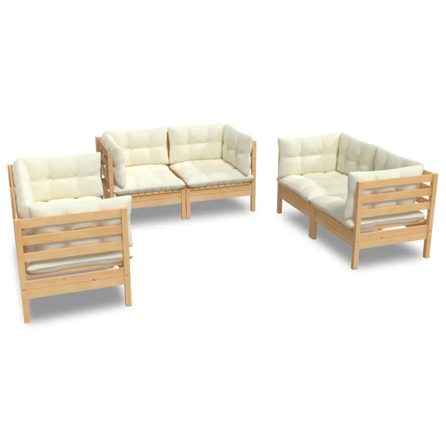 Salon de jardin 6 pcs avec coussins crème Bois de pin massif - 2