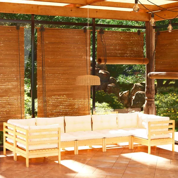 Salon de jardin 7 pcs avec coussins crème bois de pin