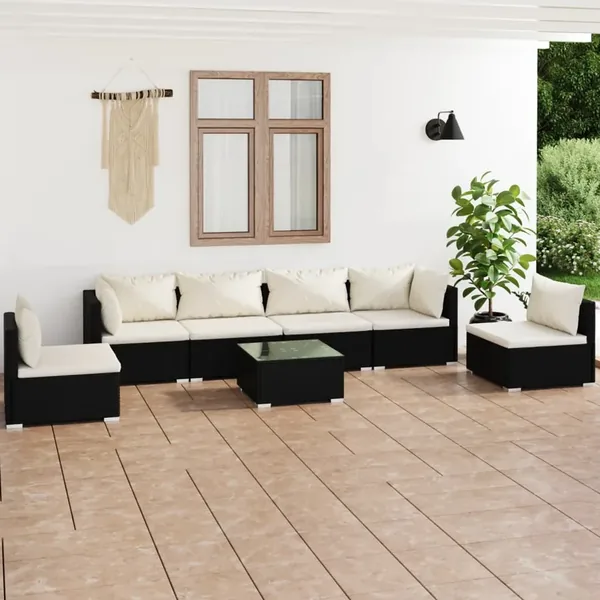 Salon de jardin 7 pcs avec coussins Résine tressée Noir
