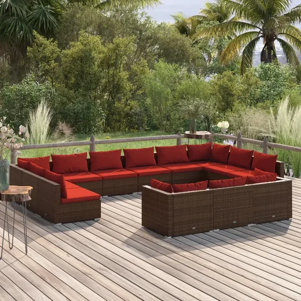 Salon de jardin 13 pcs avec coussins Marron Résine tressée