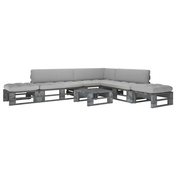 Salon de jardin palette 6pcs avec coussins Pin imprégné de gris
