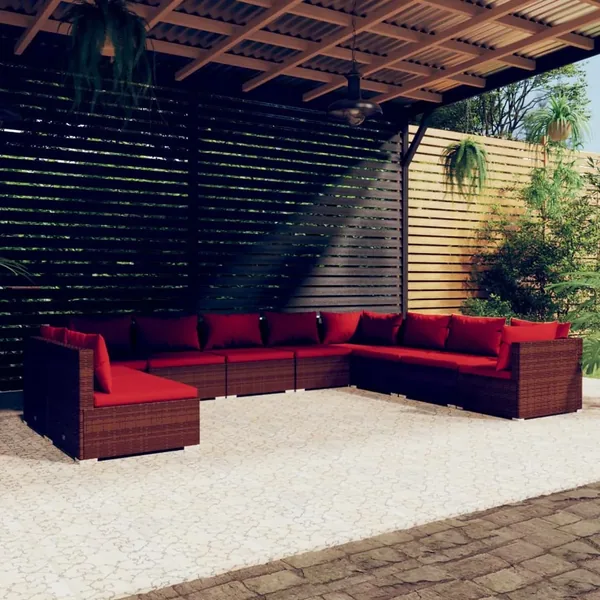 Salon de jardin 10 pcs avec coussins marron résine tressée