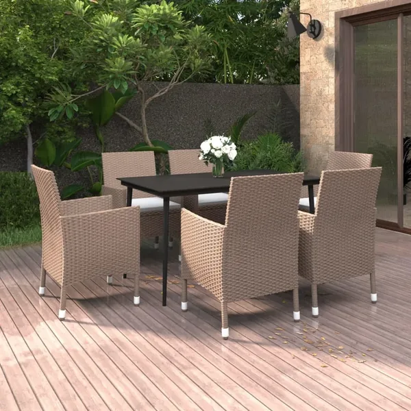 Ensemble à manger de jardin coussins 7 pcs Résine tressée Verre