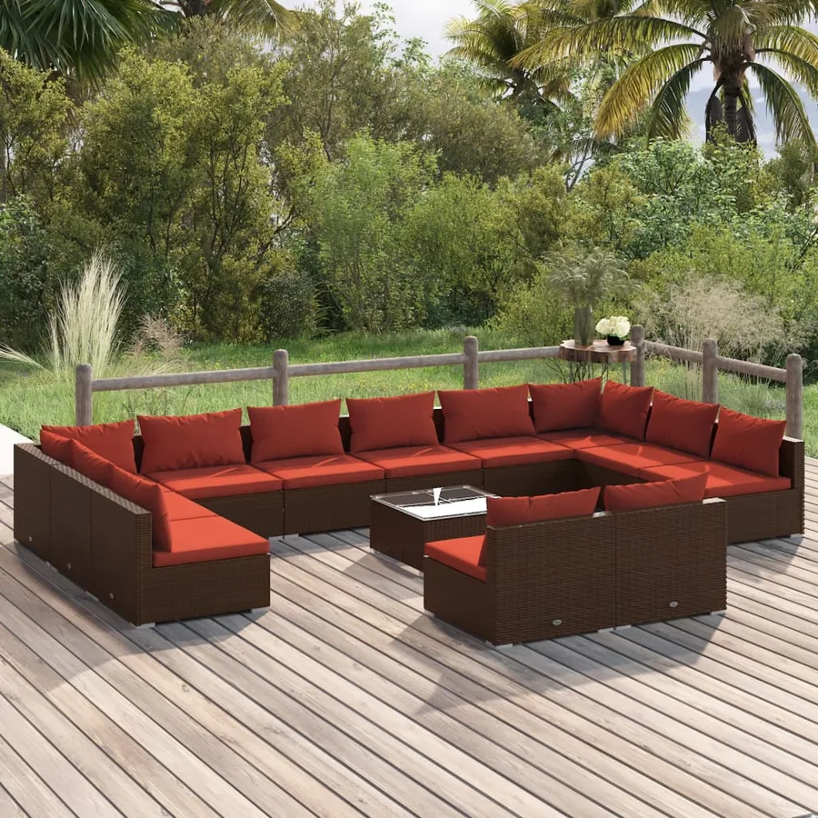 Salon de jardin 13 pcs avec coussins Marron Résine tressée
