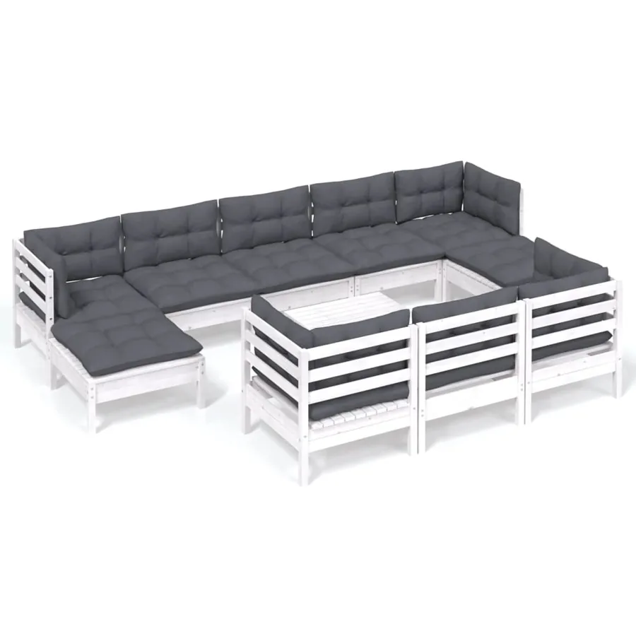 Salon de jardin 11 pcs avec coussins blanc bois de pin solide - 2