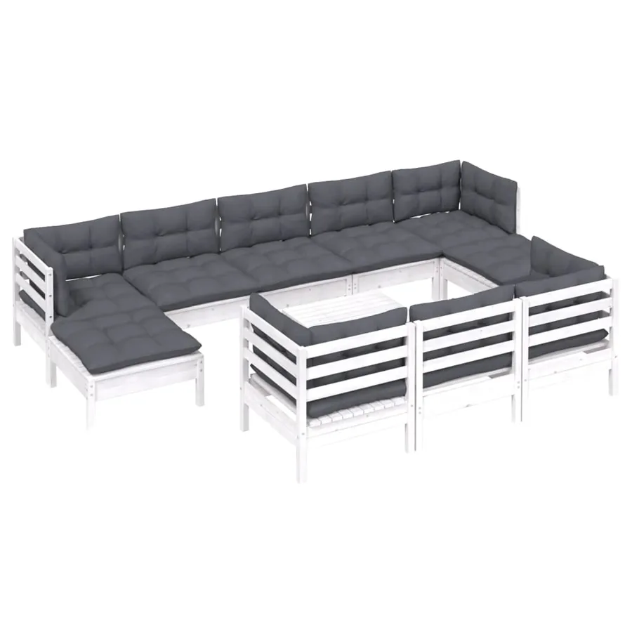 Salon de jardin 11 pcs avec coussins blanc bois de pin solide - 3
