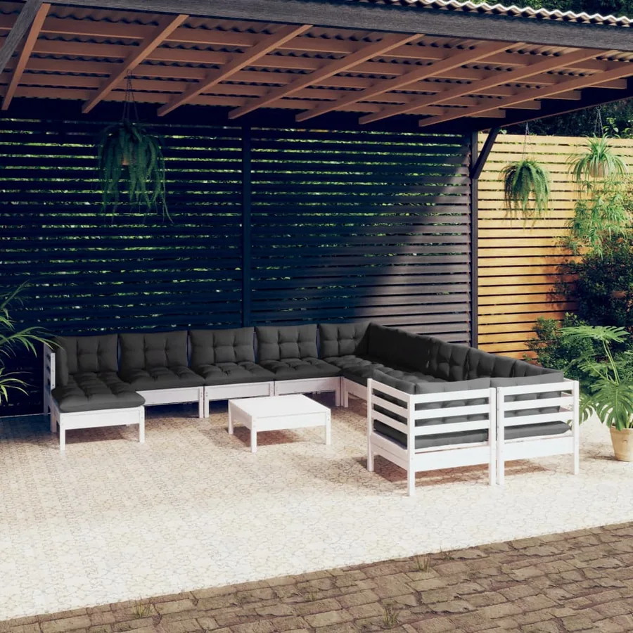 Salon de jardin 12 pcs avec coussins blanc bois de pin