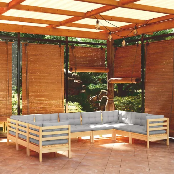Salon de jardin 9 pcs avec coussins gris bois de pin