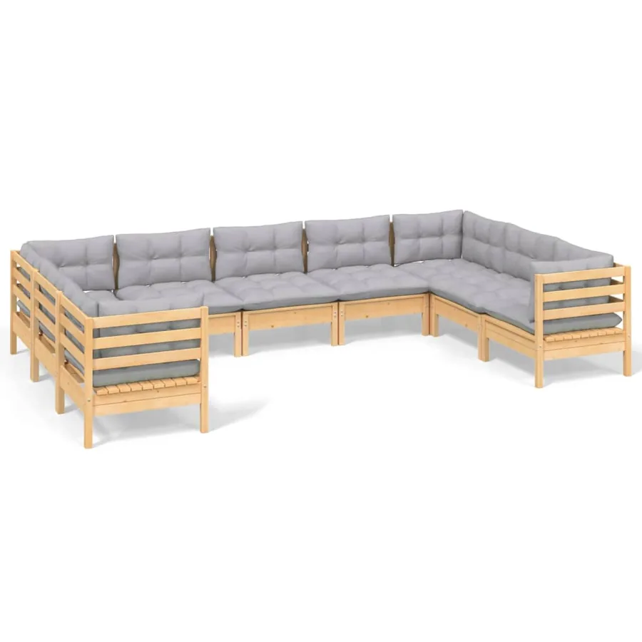 Salon de jardin 9 pcs avec coussins gris bois de pin - 2
