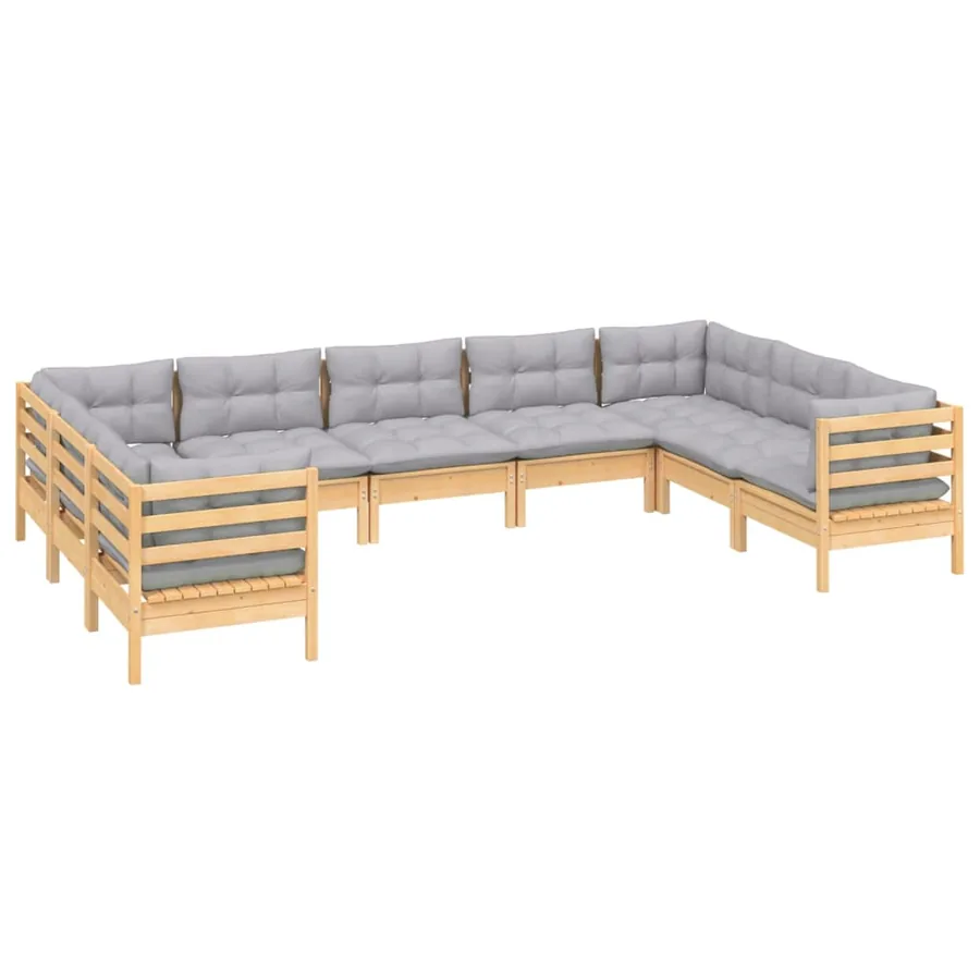 Salon de jardin 9 pcs avec coussins gris bois de pin - 3