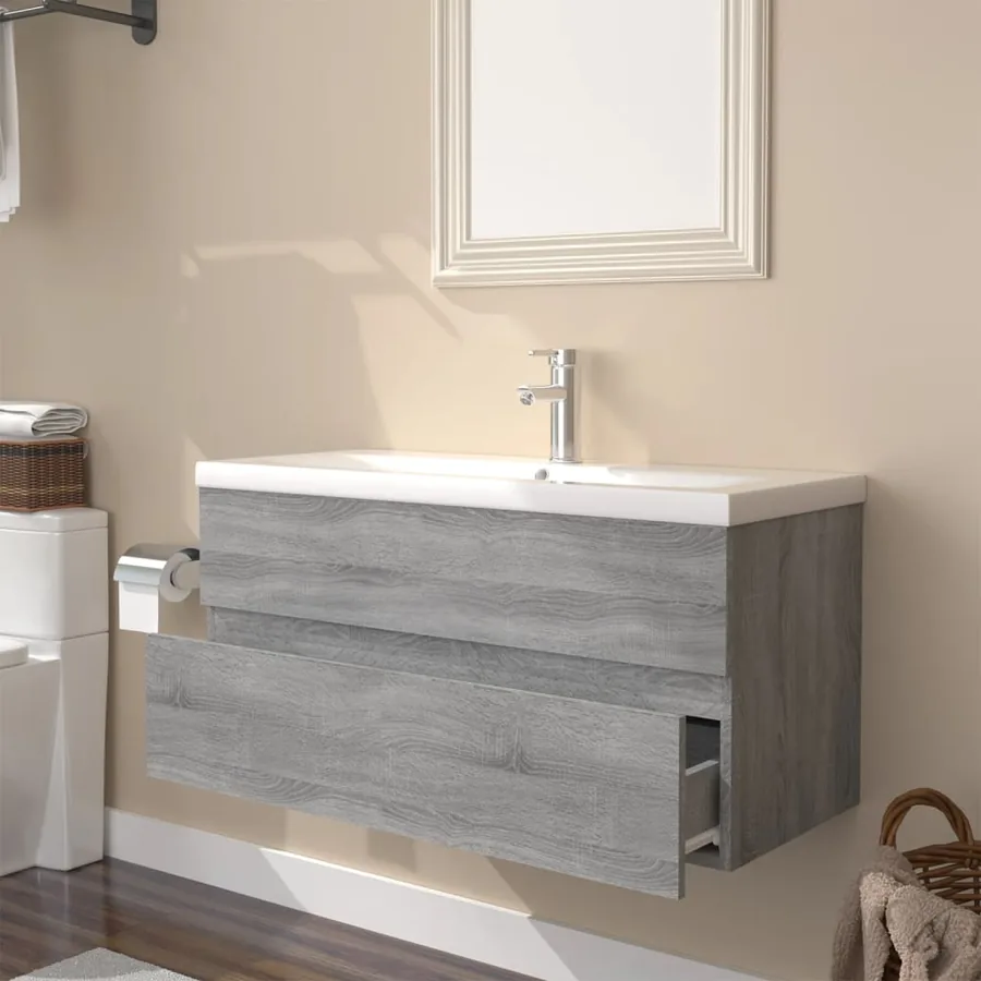 Meuble lavabo avec bassin intégré Sonoma gris Bois d'ingénierie - 3