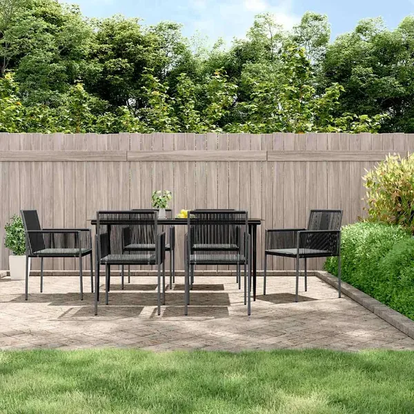 Ensemble à manger de jardin coussins 7 pcs noir rotin et acier