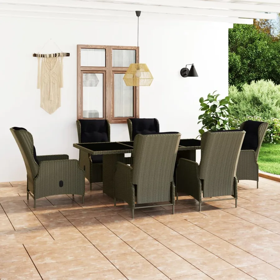 Ensemble à manger d'extérieur et coussins 7 pcs résine tressée