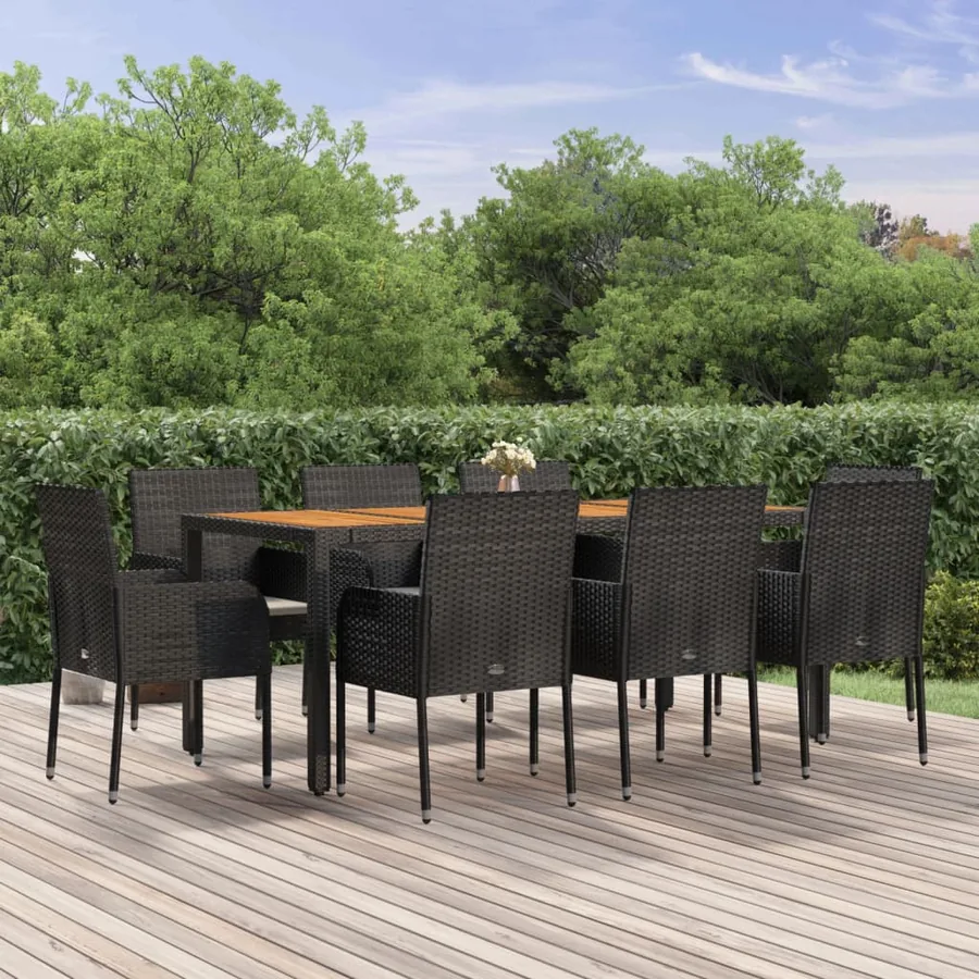 Ensemble à manger jardin 9pcs et coussins noir résine tressée