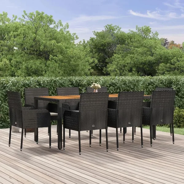 Ensemble à manger jardin 9pcs et coussins noir résine tressée