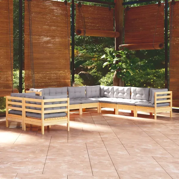 Salon de jardin 9 pcs avec coussins gris bois de pin massif