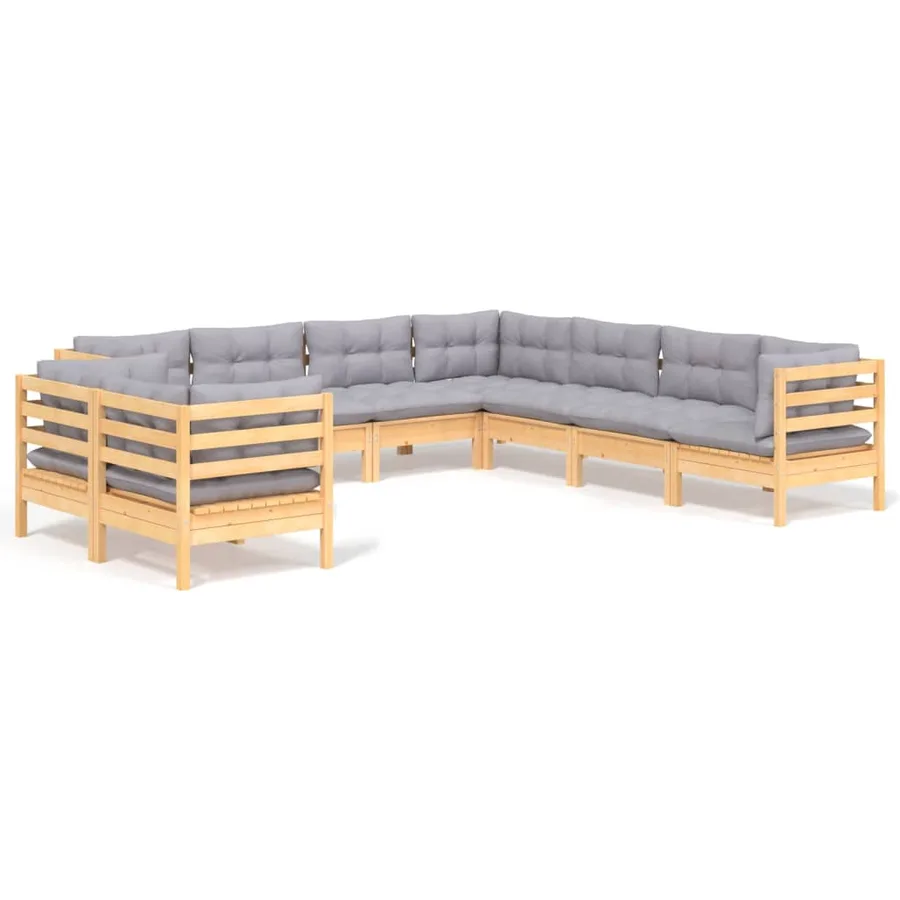 Salon de jardin 9 pcs avec coussins gris bois de pin massif - 2