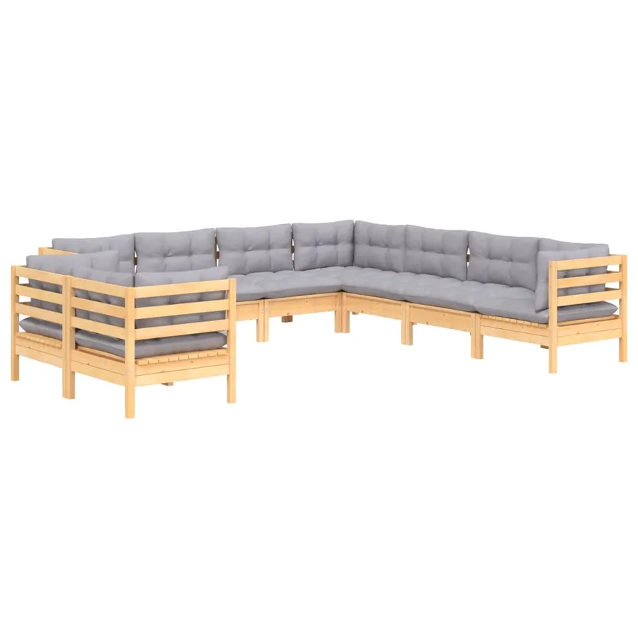 Salon de jardin 9 pcs avec coussins gris bois de pin massif - 3
