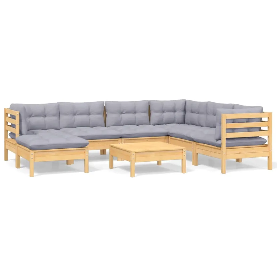 Salon de jardin 8 pcs avec coussins gris Bois de pin massif - 2
