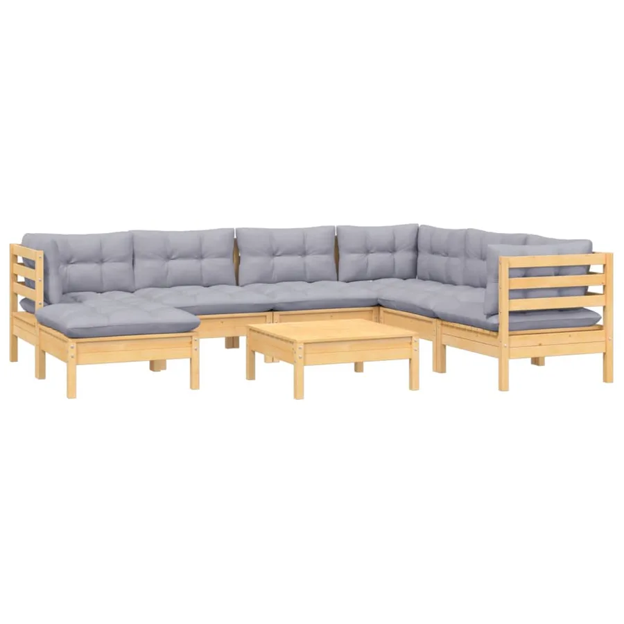 Salon de jardin 8 pcs avec coussins gris Bois de pin massif - 3
