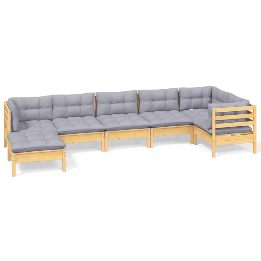 Salon de jardin 7 pcs avec coussins gris bois de pin massif - 2
