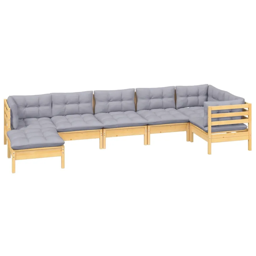 Salon de jardin 7 pcs avec coussins gris bois de pin massif - 3